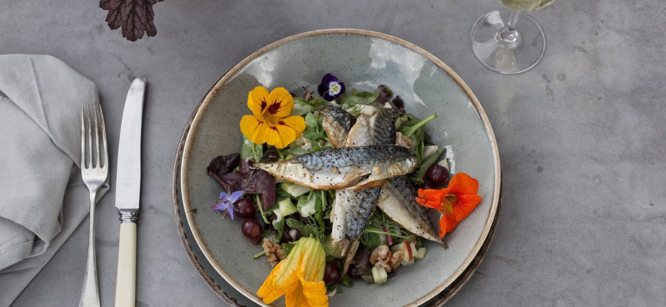 Plate of food at the Duchy Nursery with fresh fish and edible flowers from the garden.